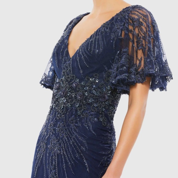 MAC DUGGAL 67493 VINTAGE FLUTTER SLEEVE EVENING MIDNIGHT NAVY GOWN sz 18 - Picture 3 of 5